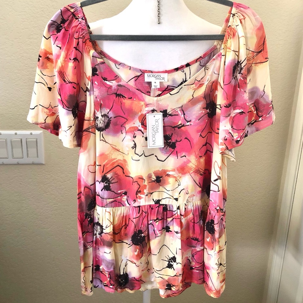 Morgan Taylor Pink & Cream Floral Peplum Scoop-Neck Top